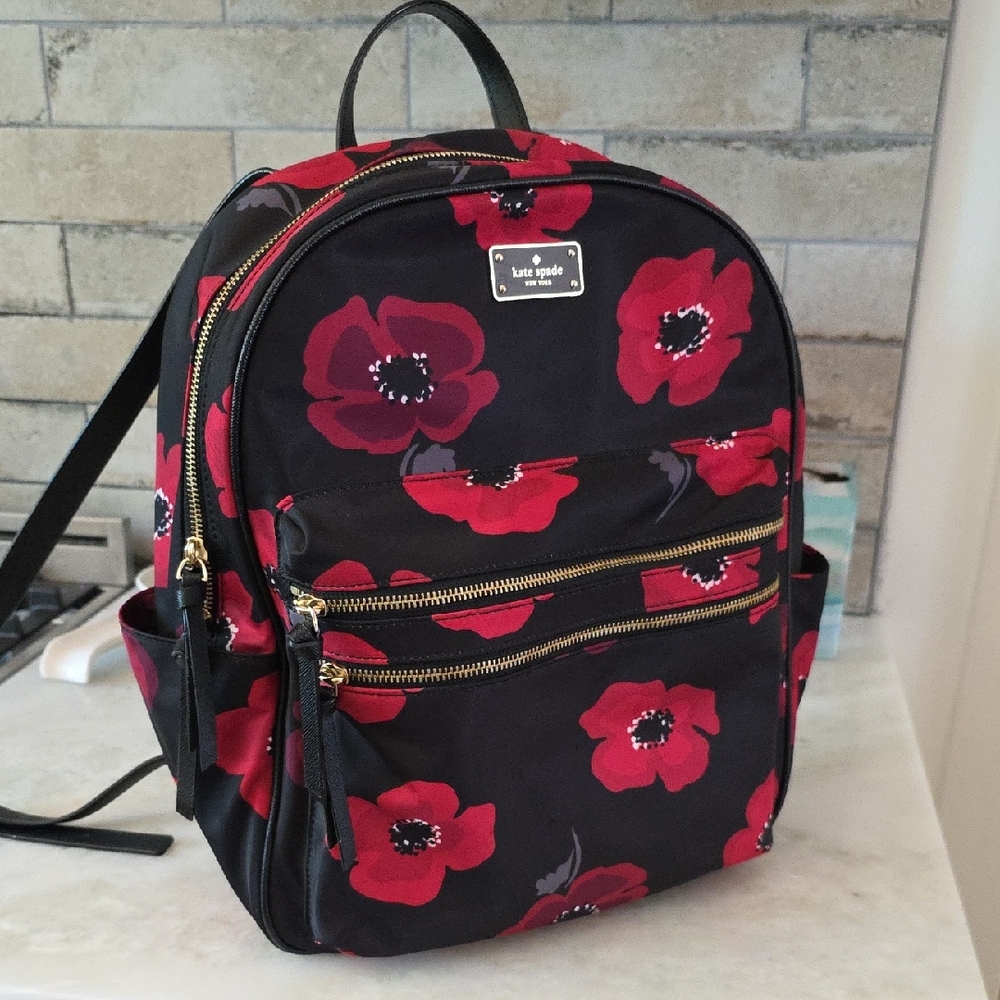 Kate Spade Black and Red Floral Backpack